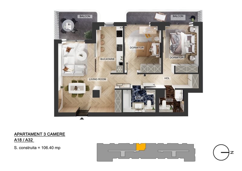 Pipera Plaza, apartament 3 camere, 2 terase, bloc finalizat.